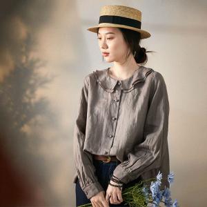 Long Sleeves Ruffled Collar Blouse Plus Size Linen Shirt