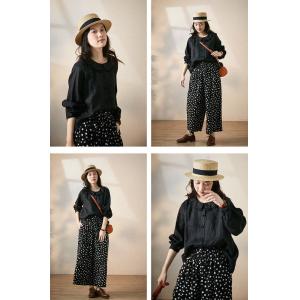 Long Sleeves Ruffled Collar Blouse Plus Size Linen Shirt