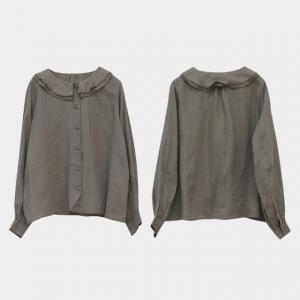 Long Sleeves Ruffled Collar Blouse Plus Size Linen Shirt