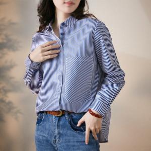 Blue Pinstriped Shirt Womens Cotton Blouse for Women