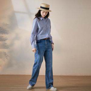 Blue Pinstriped Shirt Womens Cotton Blouse for Women
