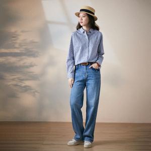 Blue Pinstriped Shirt Womens Cotton Blouse for Women