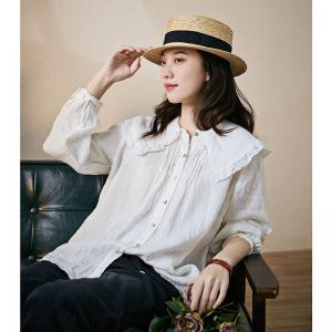 Loose Linen Peter Pan Collar Shirt Long Sleeve White Blouse