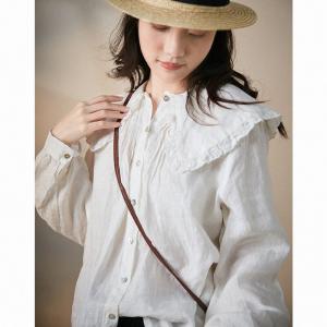 Loose Linen Peter Pan Collar Shirt Long Sleeve White Blouse