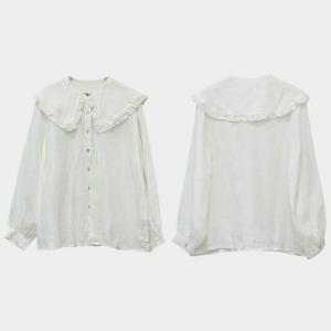 Loose Linen Peter Pan Collar Shirt Long Sleeve White Blouse