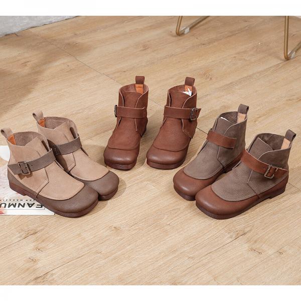 Buckle Strap Low Heels Ankle Boots Genuine Leather Short Boots