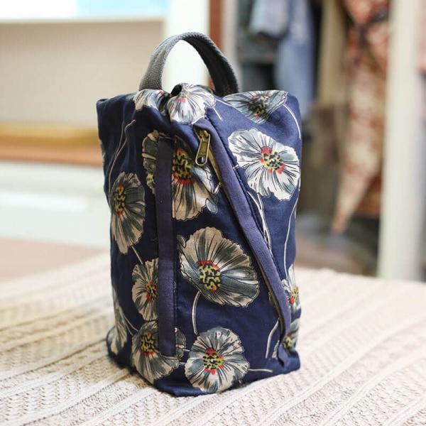 Folk Style Printed Backpack Cotton Blend Bucket Handbag