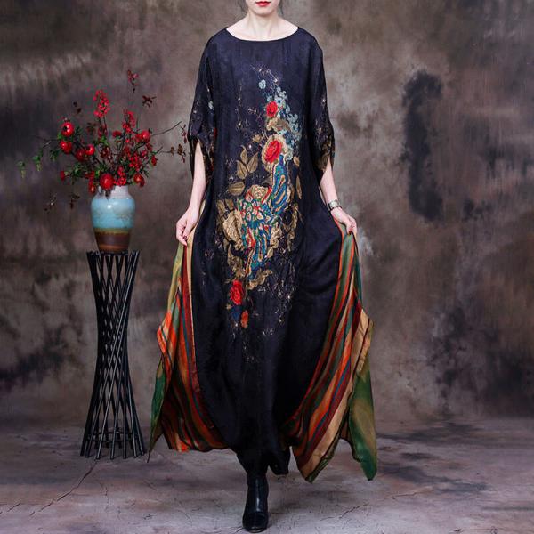 Modest Fashion Printed Black Dress Maxi Flouncing Dress for Senior Women