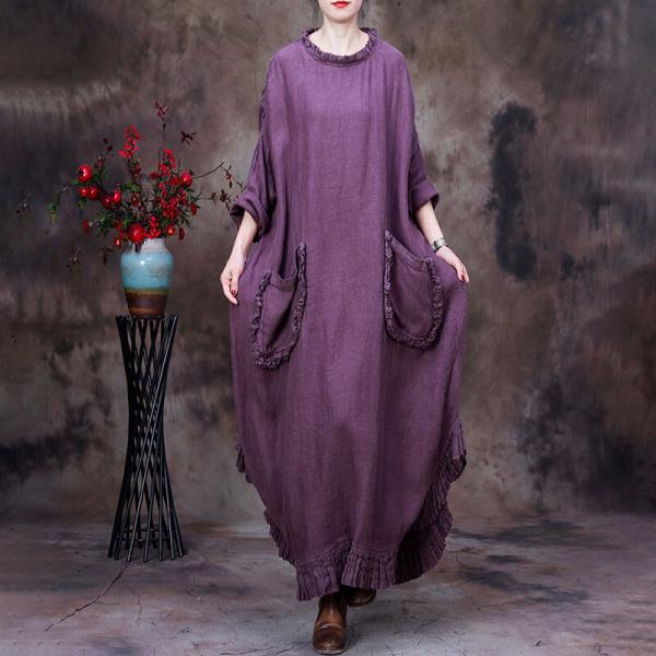 Front Pockets Plus Size Caftan Plain Fringed Loose Linen Dress