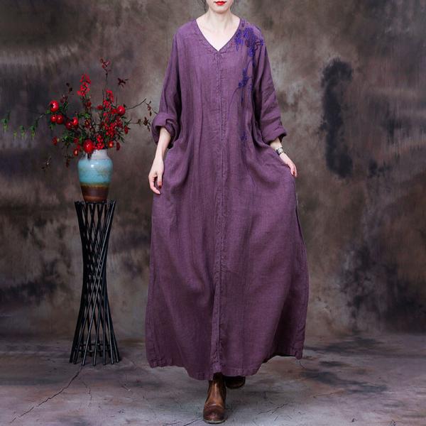 Plant Dyeing Long Sleeves Linen Dress V-Neck Embroidered Caftan