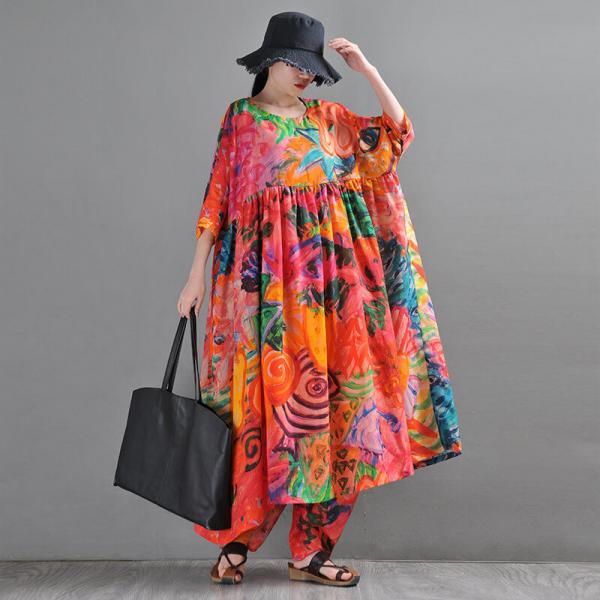 Summer Beach Printed Tunic Dress Plus Size Ramie Graffiti Dress