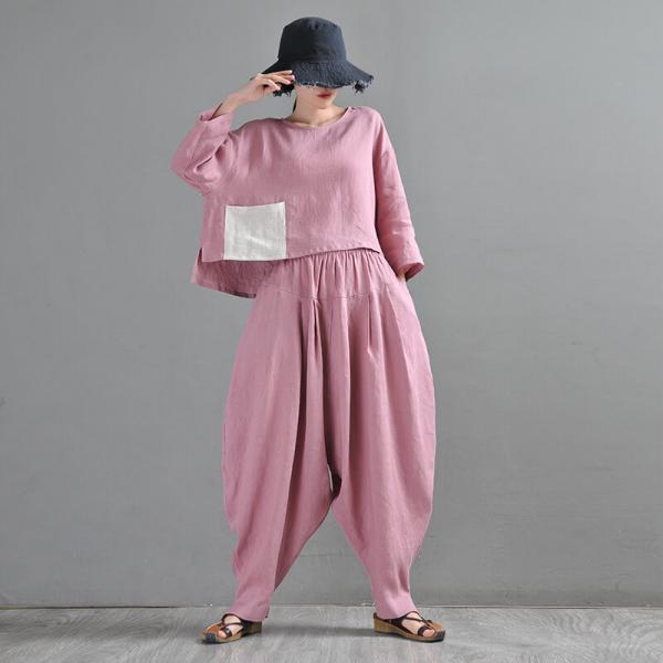 Organic Linen Pink Balloon Pants Loose Summer Flax Harem Pants