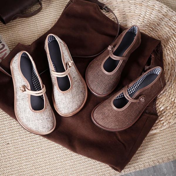 Chinese Style Chunky Linen Flats Low Heels Buckle Sandals