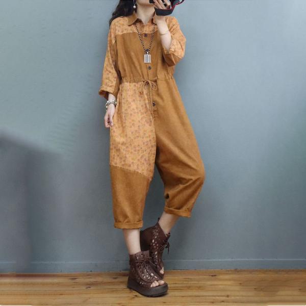 Floral Patchwork Tied Jumpsuits Polo Neck Loose Coveralls