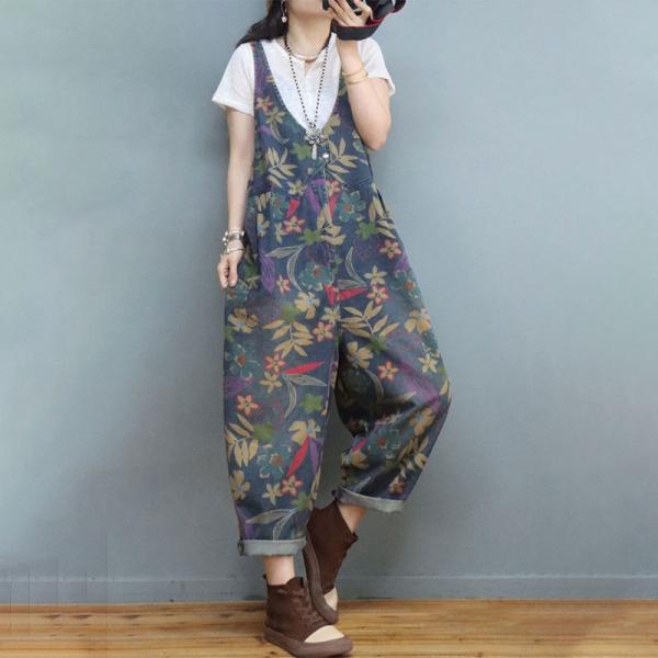 V-Neck Flowers Jean Overalls Relax-Fit 90s Overalls for Women