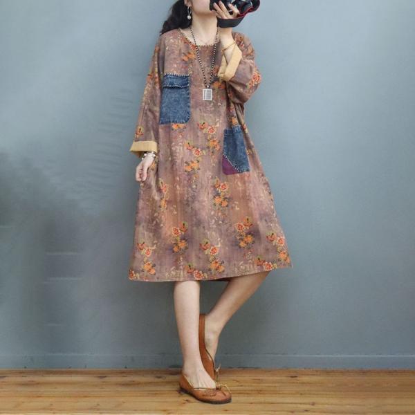 Denim Front Pockets Midi Floral Dress Plus Size Cotton Linen Spring Dress