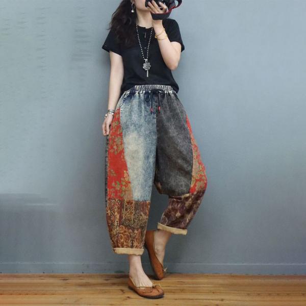 Floral Prints Folk Jeans Womens Baggy Pull-On Jeans