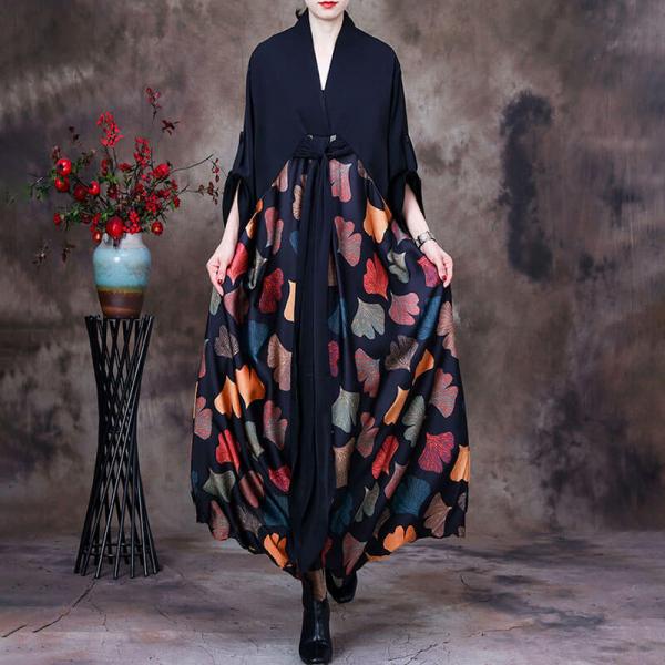 Colorful Ginkgo Leaf Front Knot Dress Black Silk Maxi Dress