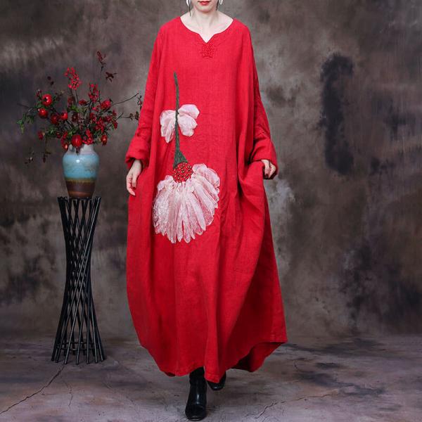 Stereo Flowers Loose Linen Caftan Plant Dyeing Flax Clothing