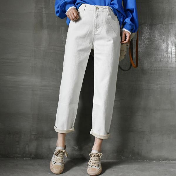 Korean Style White Stretch Jeans Loose High Rise Jeans