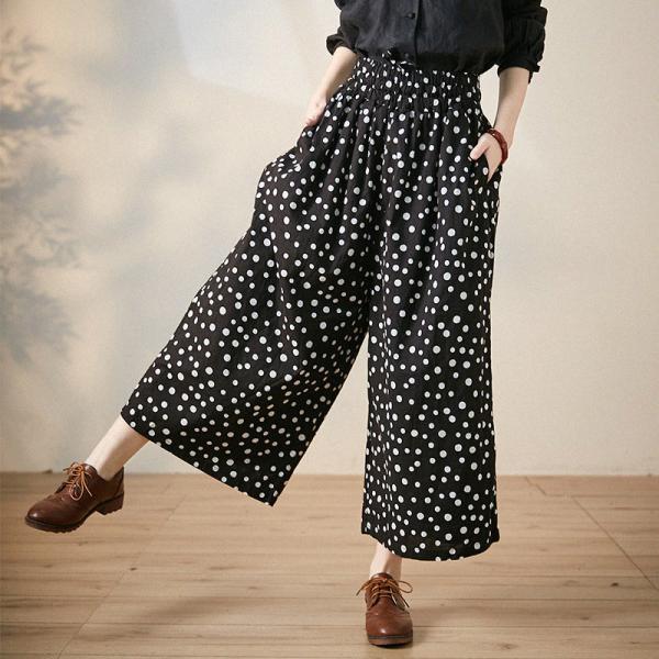 Summer Fashion Polka Dot Pants Cotton Linen Wide Leg Pants