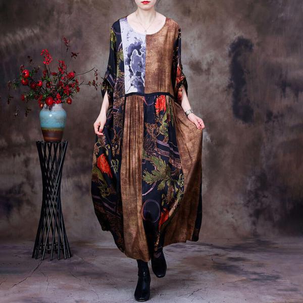 Senior Women Printed Silk Dress Plus Size Tied Dress