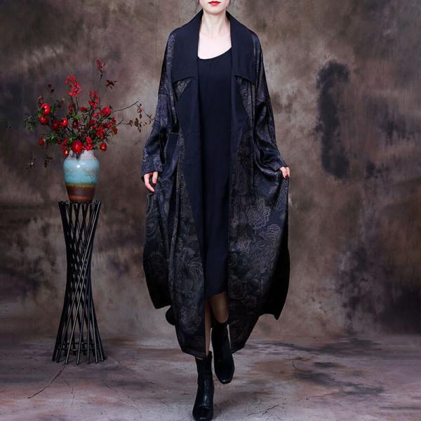 Business Casual Black Trench Coat Silky Printed Coat