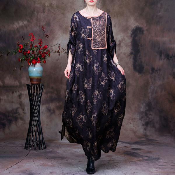 Folk Patterned Patchwork Plus Size Cheongsam Maxi Chinese Dress