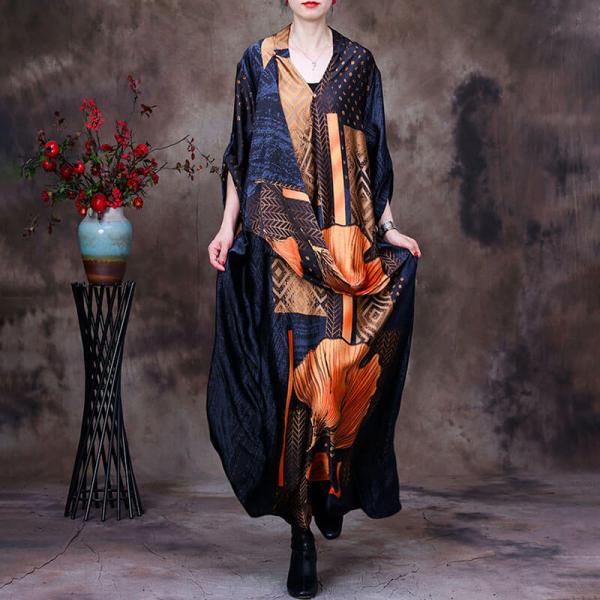 Loose-Fit  Flowers Designer Dress Silk Maxi Wrap Dress