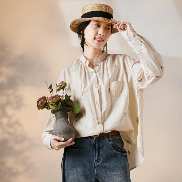 Long Sleeves Floral Embroidery Shirt Casual Cotton Blouse