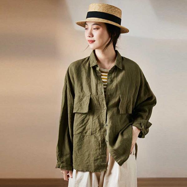 Chest Flap Pockets Linen Jacket Long Sleeves Loose Flax Clothing