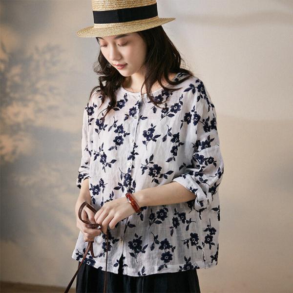 Loose-Fit White Casual Blouse Flowers Embroidery Linen Shirt