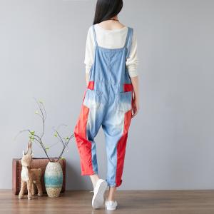 Color Block Fashion Baggy Overalls Womans Cotton Jumpsuits