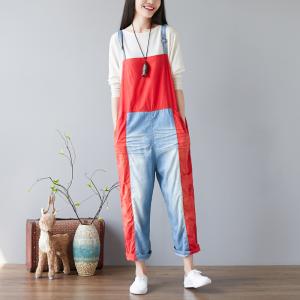 Color Block Fashion Baggy Overalls Womans Cotton Jumpsuits