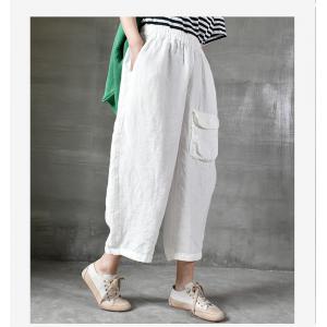 Single Flap Pocket Linen Pants Womens Cropped Pants