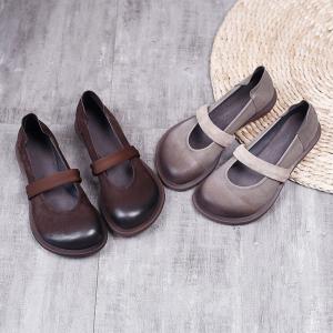 Round Toe Strap Slip-On Shoes Cowhide Flat Sandals