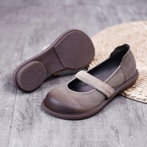 Round Toe Strap Slip-On Shoes Cowhide Flat Sandals