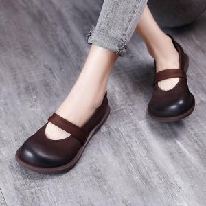 Round Toe Strap Slip-On Shoes Cowhide Flat Sandals