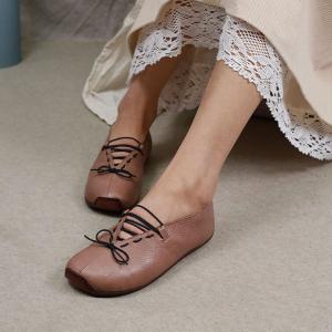 Lace Up Leather Summer Flats Comfortable Slip-On Work Shoes