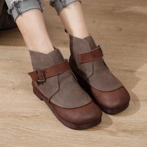 Buckle Strap Low Heels Ankle Boots Genuine Leather Short Boots
