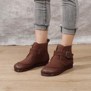 Buckle Strap Low Heels Ankle Boots Genuine Leather Short Boots