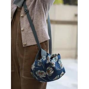 Folk Style Printed Backpack Cotton Blend Bucket Handbag