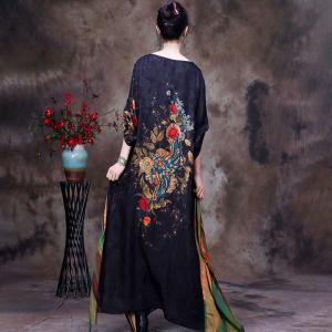 Modest Fashion Printed Black Dress Maxi Flouncing Dress for Senior Women