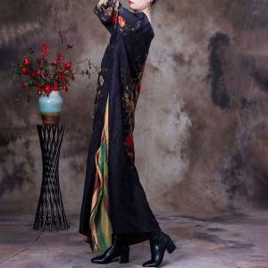 Modest Fashion Printed Black Dress Maxi Flouncing Dress for Senior Women