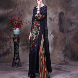Modest Fashion Printed Black Dress Maxi Flouncing Dress for Senior Women