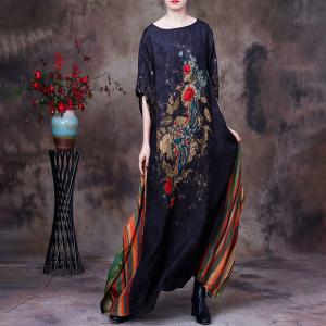 Modest Fashion Printed Black Dress Maxi Flouncing Dress for Senior Women