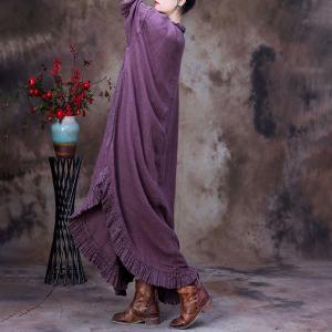 Front Pockets Plus Size Caftan Plain Fringed Loose Linen Dress