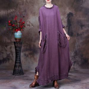 Front Pockets Plus Size Caftan Plain Fringed Loose Linen Dress