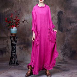 Front Pockets Plus Size Caftan Plain Fringed Loose Linen Dress