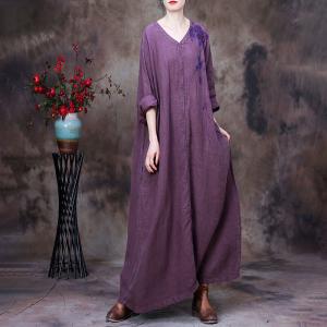 Plant Dyeing Long Sleeves Linen Dress V-Neck Embroidered Caftan